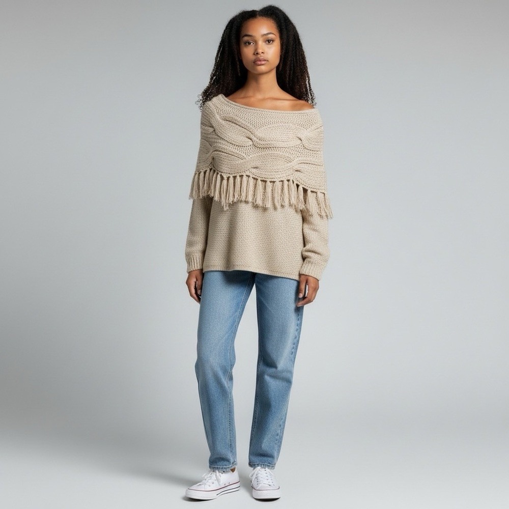 Soft Surroundings Sweater Womens Medium Chelsea Beige Cowl Tasseled Cable‎ Knit